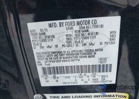 2011 Ford F-150 Fx4 z USA, uszkodzony, nr VIN 1FTFW1EF1BKD16770
